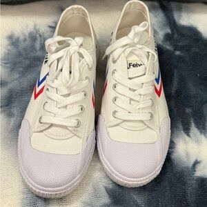 Feiyue Classic White Sneakers with Vibrant Red and Blue Stripes